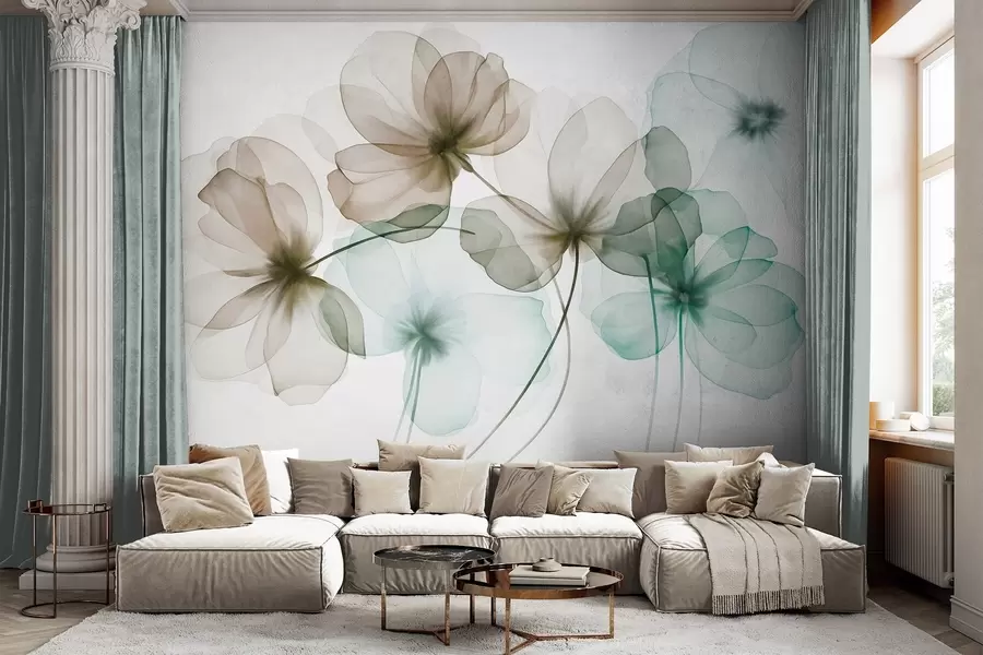 wall murals Translucent textured green and brown flowers on light background, delicate petals overlapping w09892v1