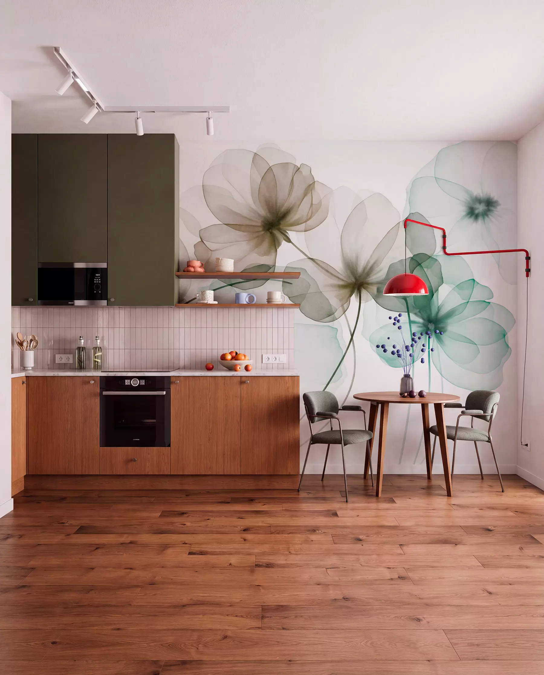 wall murals Translucent textured green and brown flowers on light background, delicate petals overlapping w09892v1
