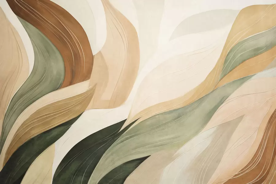 wall murals Abstract organic shapes in earthy tones of green, brown, and beige with flowing textures w09894