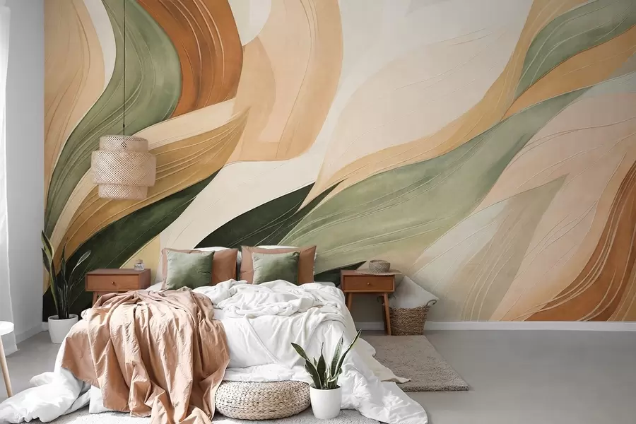 wall murals Abstract organic shapes in earthy tones of green, brown, and beige with flowing textures w09894