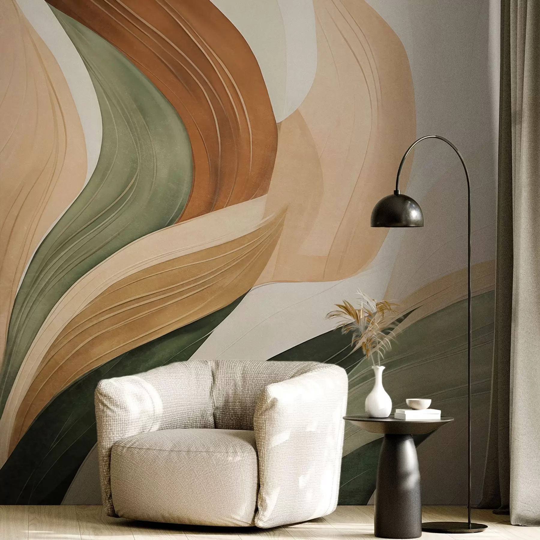 wall murals Abstract organic shapes in earthy tones of green, brown, and beige with flowing textures w09894