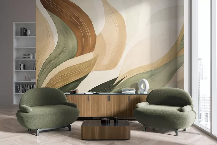 wall murals Abstract organic shapes in earthy tones of green, brown, and beige with flowing textures w09894