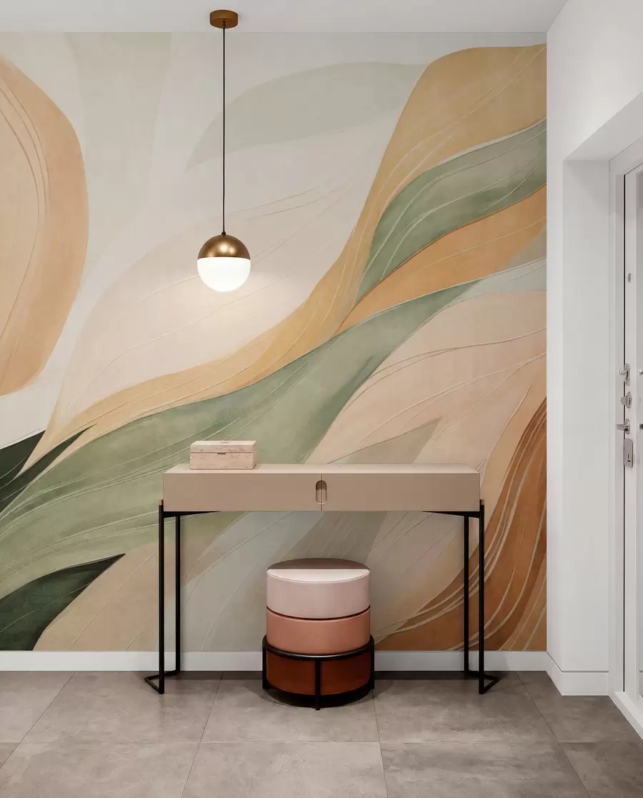 wall murals Abstract organic shapes in earthy tones of green, brown, and beige with flowing textures w09894