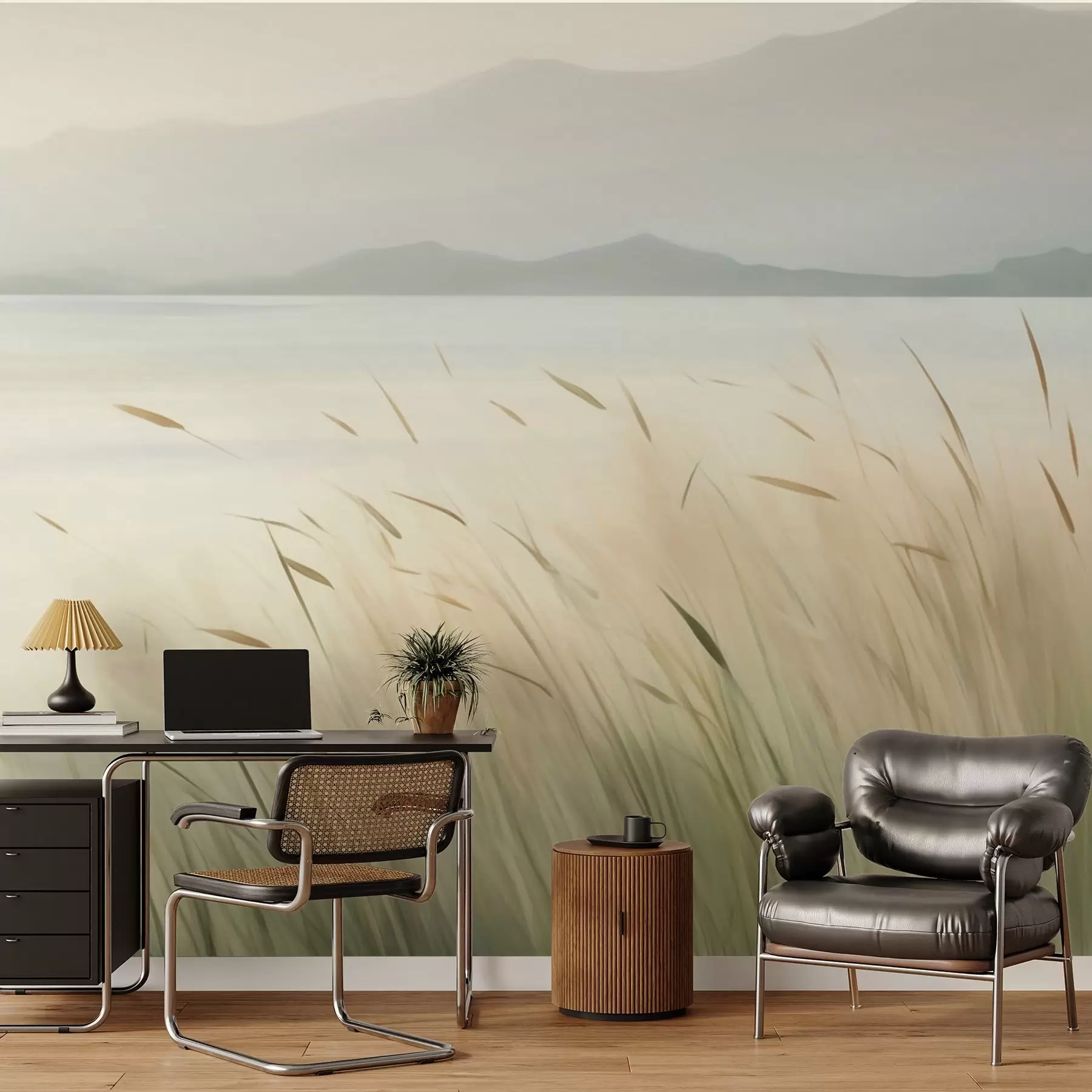 wall murals Grass by the lake with mountains in the background w05668