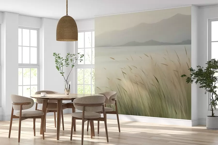 wall murals Grass by the lake with mountains in the background w05668