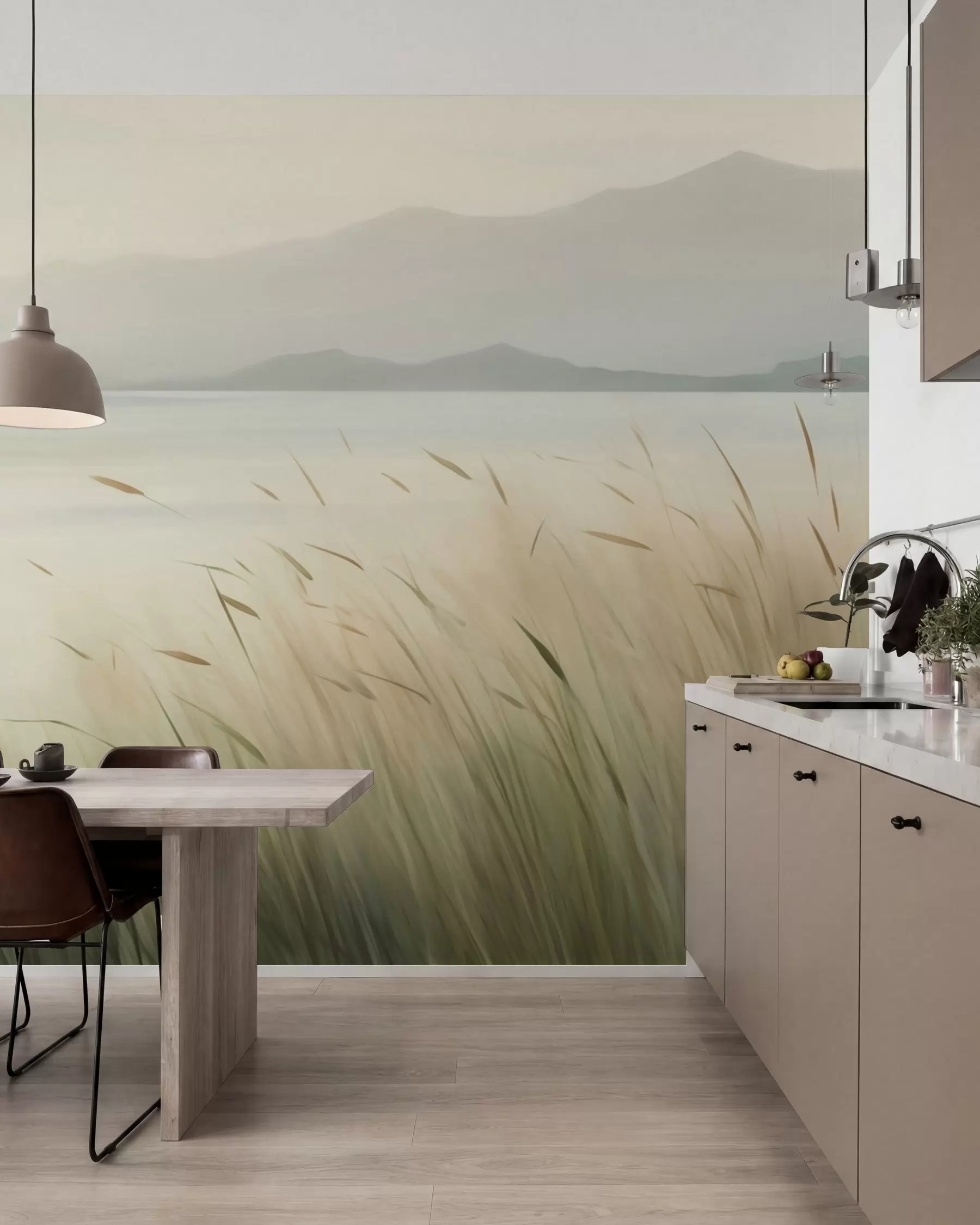 wall murals Grass by the lake with mountains in the background w05668