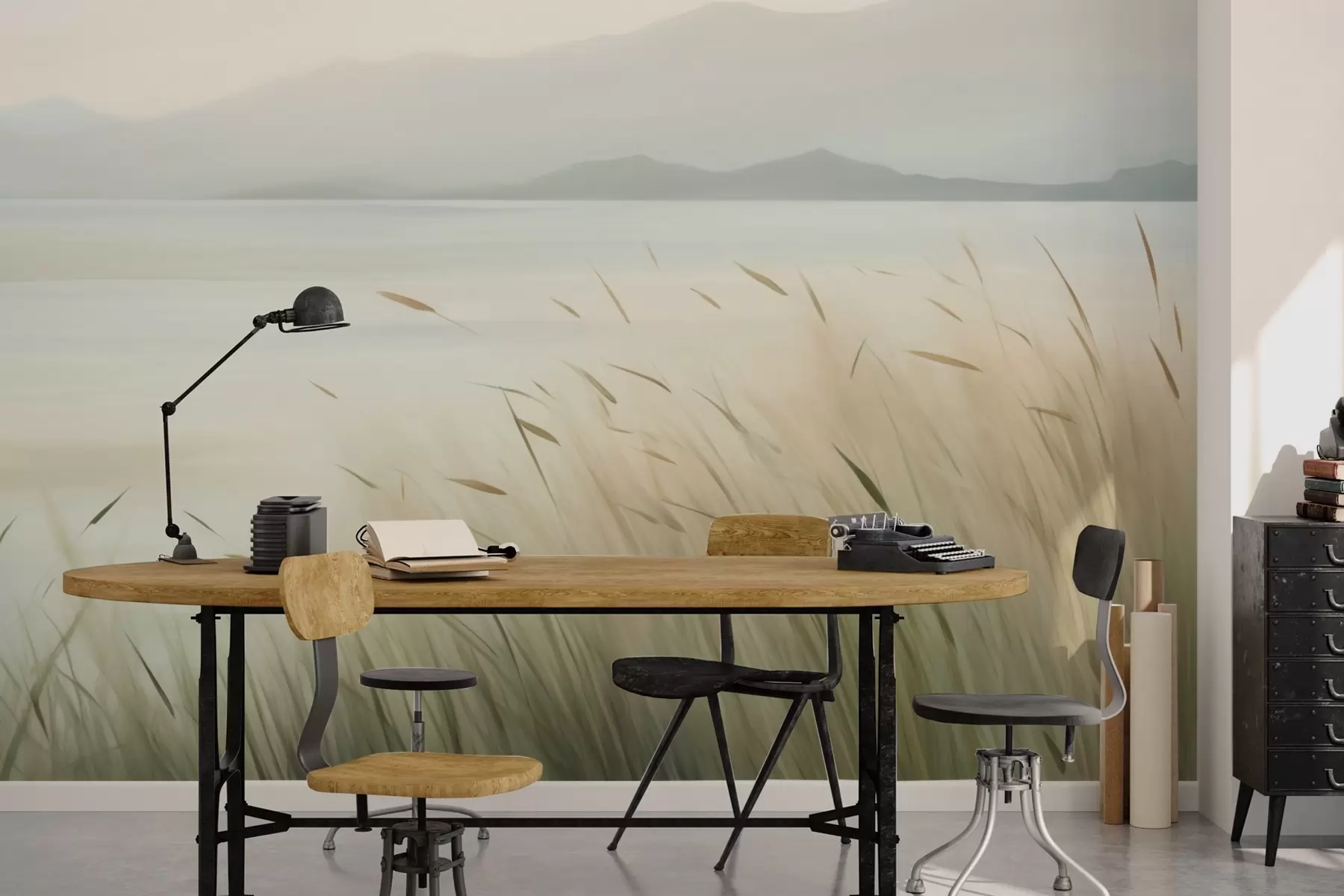 wall murals Grass by the lake with mountains in the background w05668