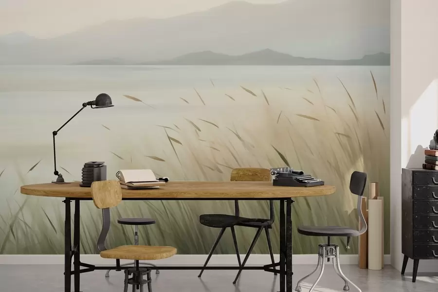 wall murals Grass by the lake with mountains in the background w05668