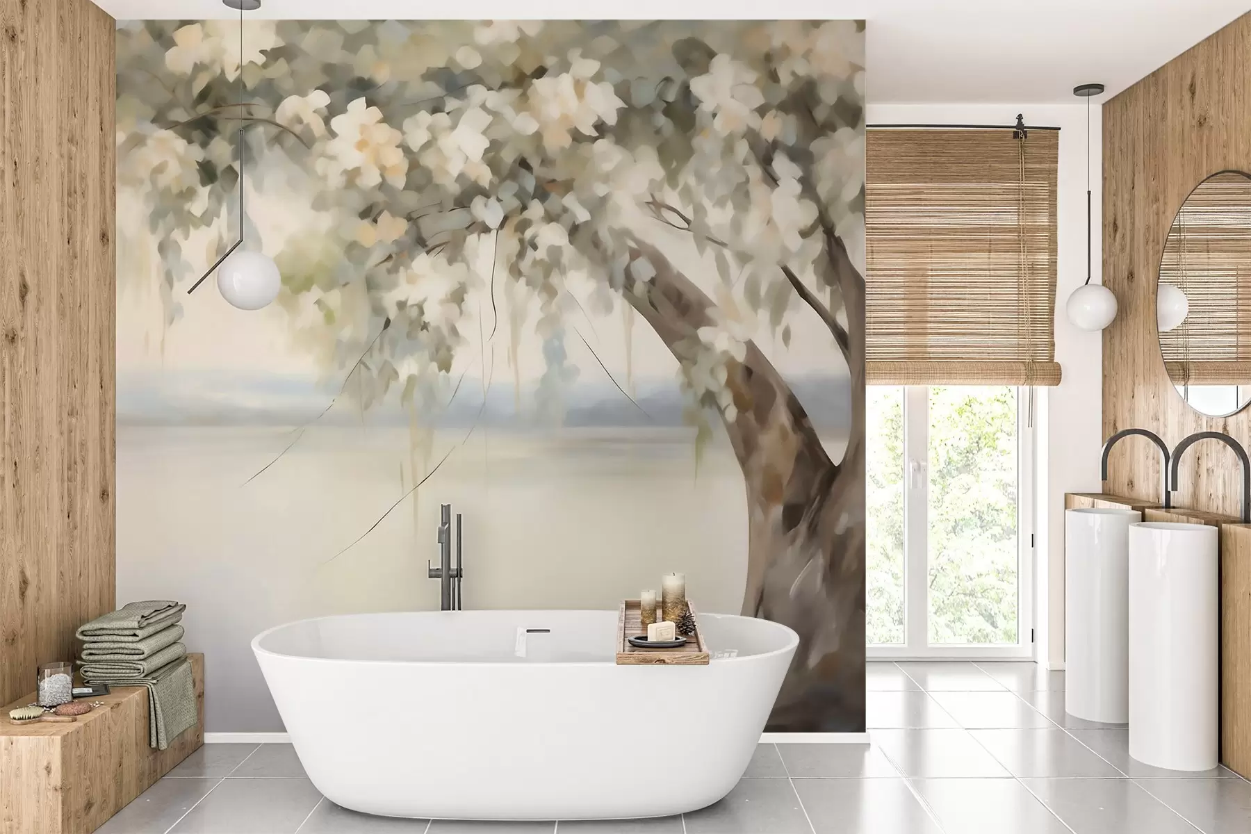 wall murals Tree by the lake imitation painting w05670