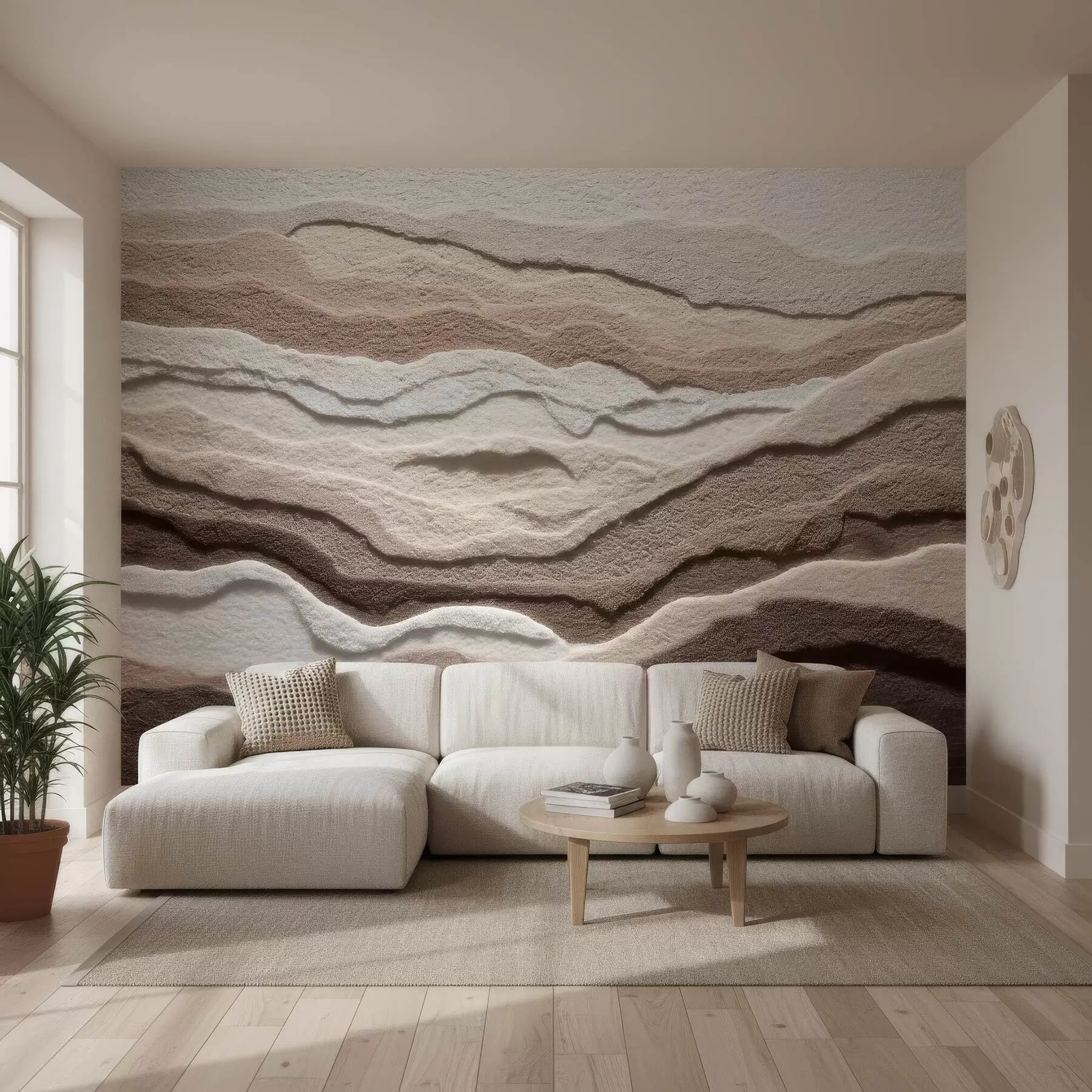 wall murals Textured wall mural with layered sand formations in a warm beige palette w09807
