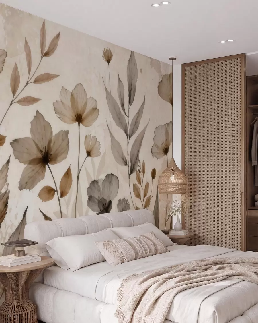 wall murals Delicate watercolor wildflowers in a soft beige and cream palette w09875