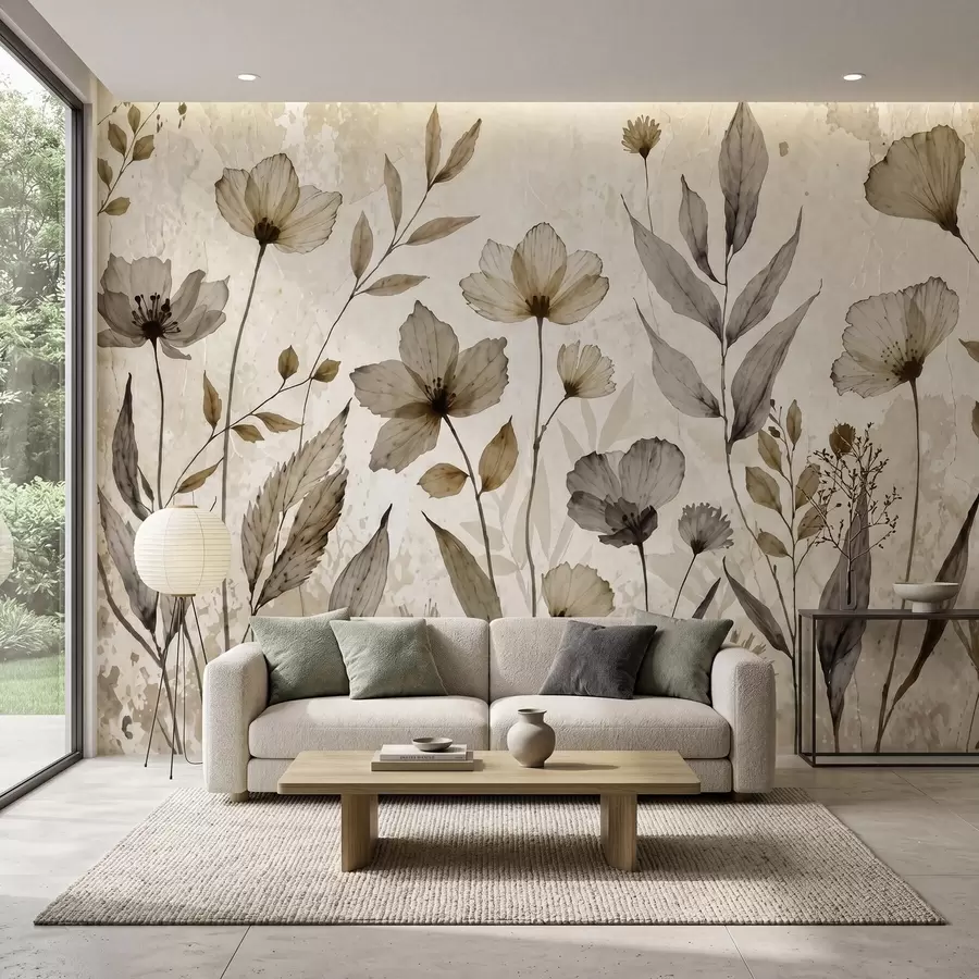 wall murals Delicate watercolor wildflowers in a soft beige and cream palette w09875