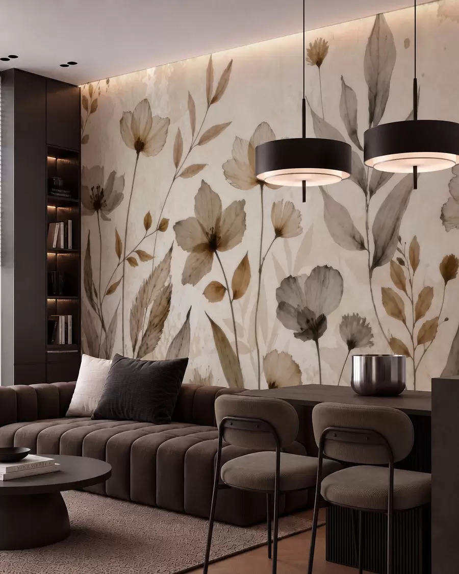 wall murals Delicate watercolor wildflowers in a soft beige and cream palette w09875