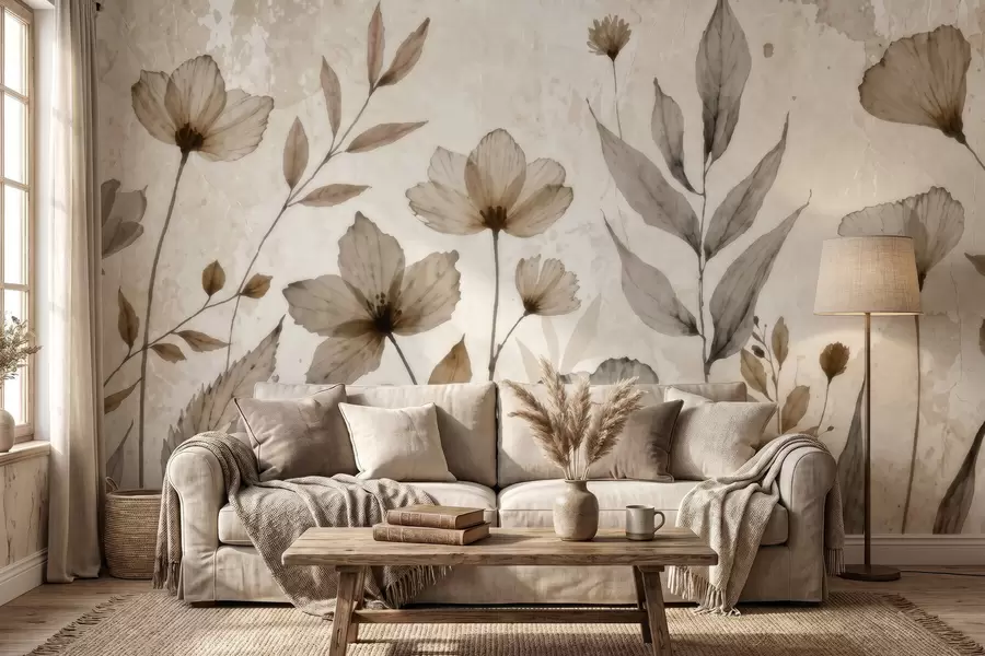 wall murals Delicate watercolor wildflowers in a soft beige and cream palette w09875