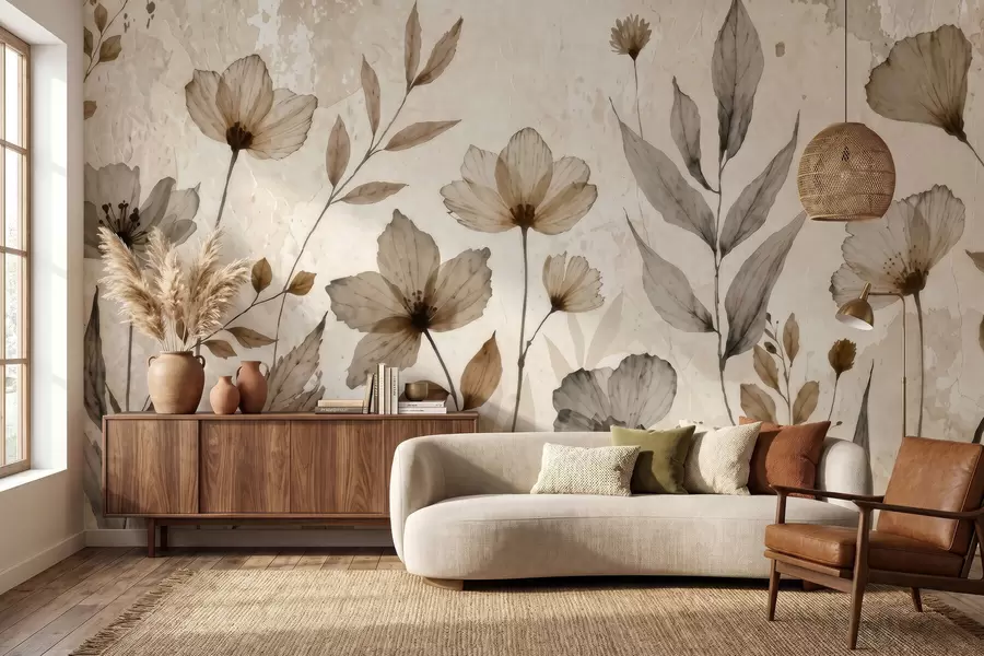 wall murals Delicate watercolor wildflowers in a soft beige and cream palette w09875