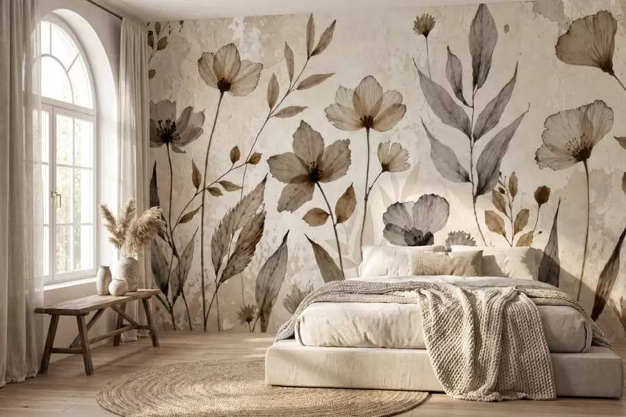 wall murals Delicate watercolor wildflowers in a soft beige and cream palette w09875