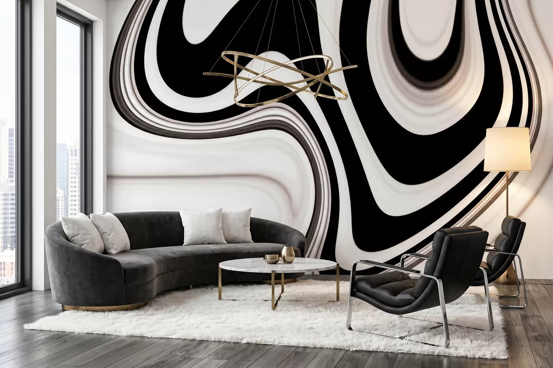 wall murals Abstract wall mural with flowing black and white waves in a modern minimalist style w09877