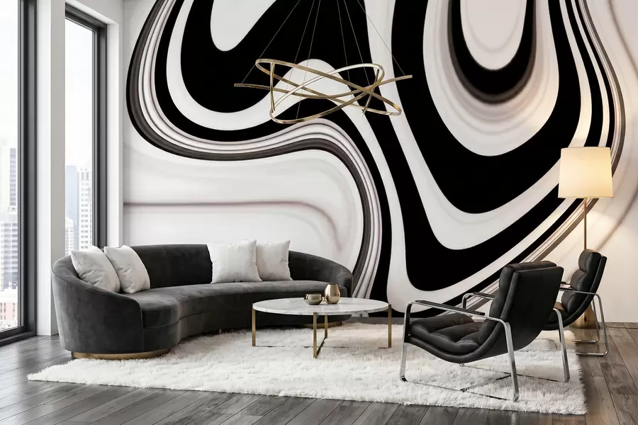 wall murals Abstract wall mural with flowing black and white waves in a modern minimalist style w09877