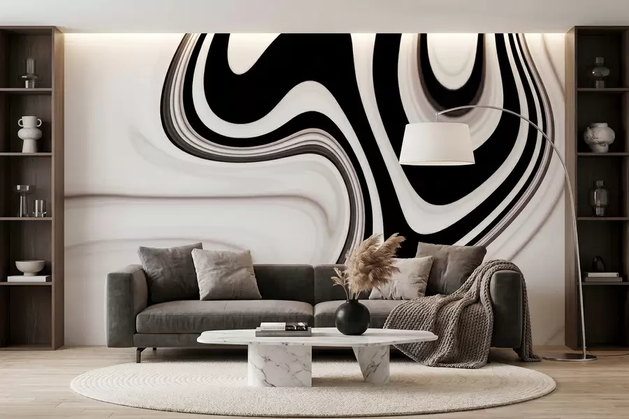 wall murals Abstract wall mural with flowing black and white waves in a modern minimalist style w09877