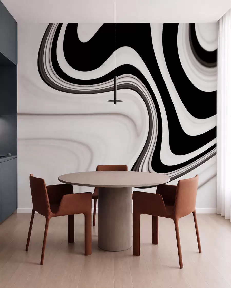 wall murals Abstract wall mural with flowing black and white waves in a modern minimalist style w09877