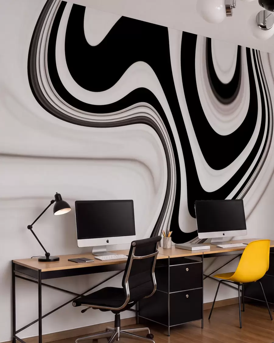 wall murals Abstract wall mural with flowing black and white waves in a modern minimalist style w09877