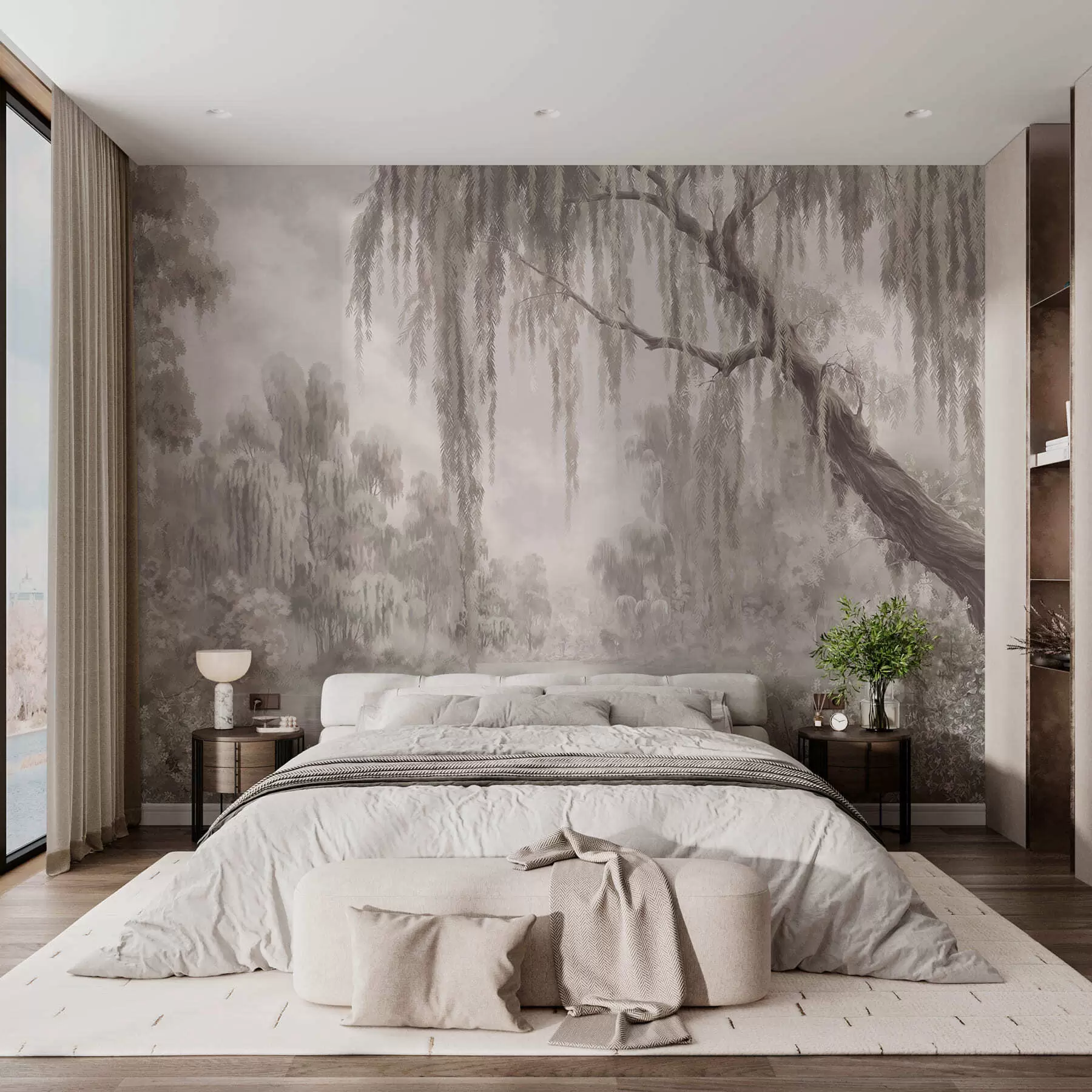 wall murals Monochrome scene with willows over calm water w05631