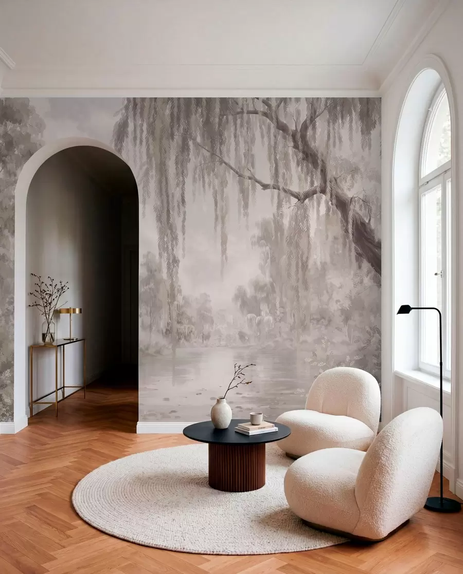 wall murals Monochrome scene with willows over calm water w05631