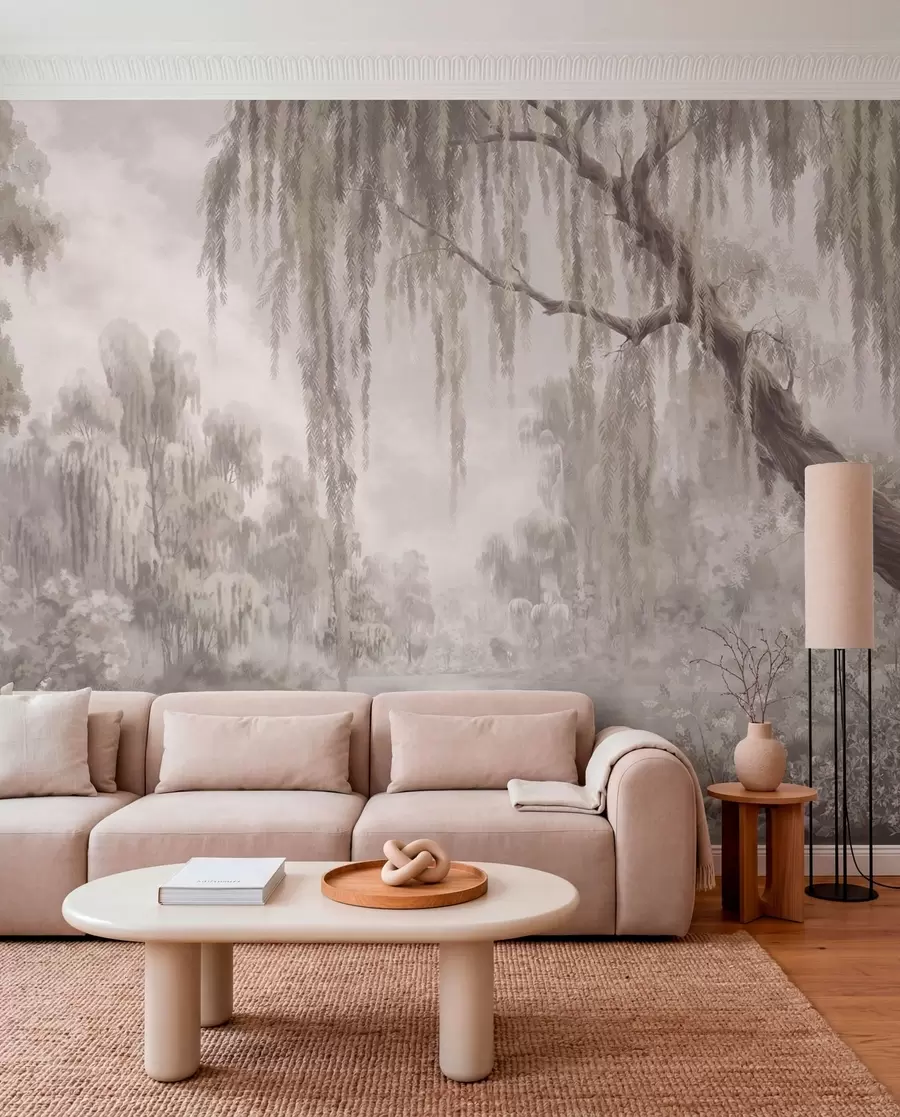 wall murals Monochrome scene with willows over calm water w05631