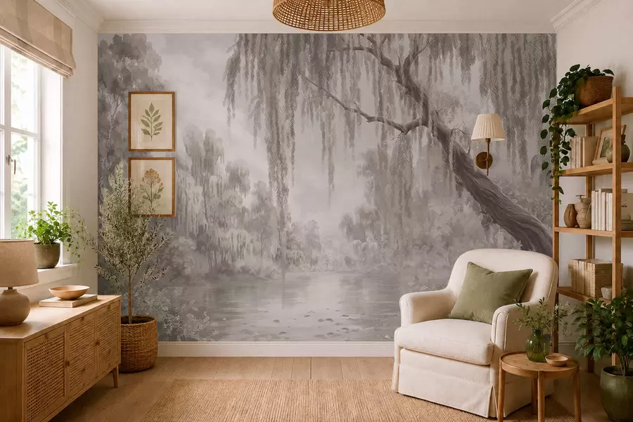 wall murals Monochrome scene with willows over calm water w05631