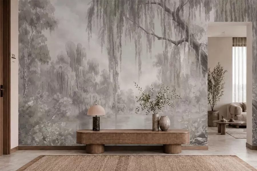 wall murals Monochrome scene with willows over calm water w05631