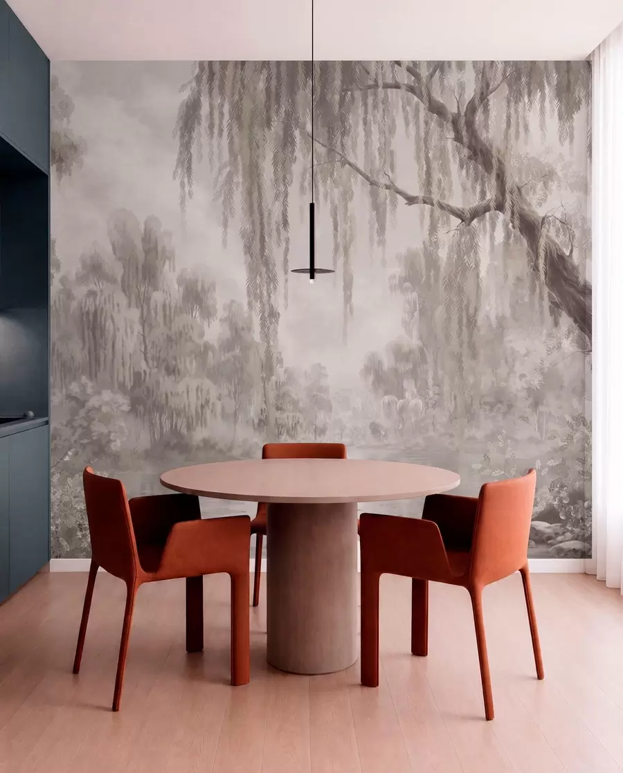 wall murals Monochrome scene with willows over calm water w05631