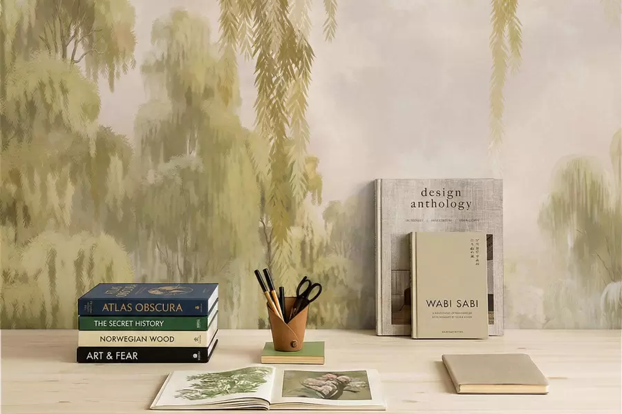 wall murals Sunlit scene with willows by a quiet pond w05631v1