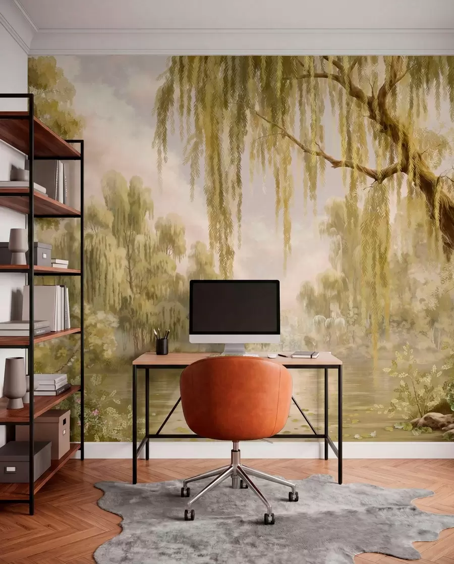 wall murals Sunlit scene with willows by a quiet pond w05631v1
