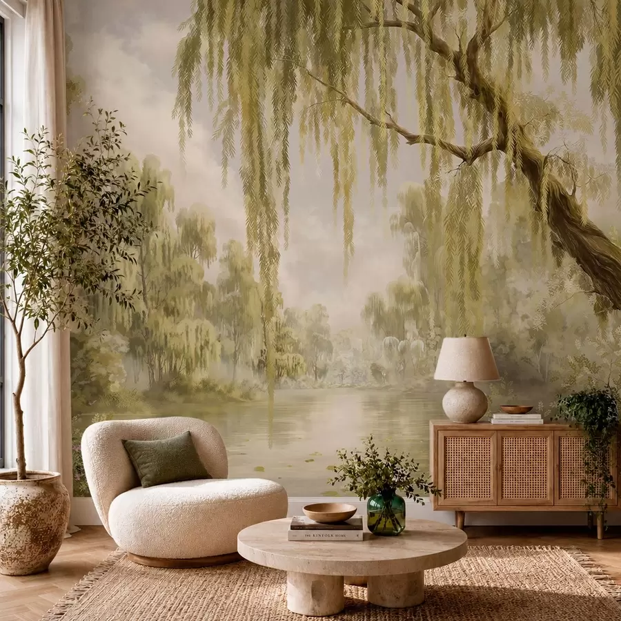 wall murals Sunlit scene with willows by a quiet pond w05631v1