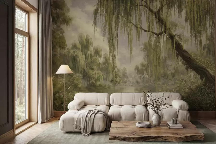 wall murals Shaded landscape with willows over water w05631v2