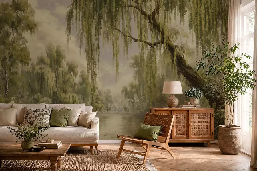 wall murals Shaded landscape with willows over water w05631v2