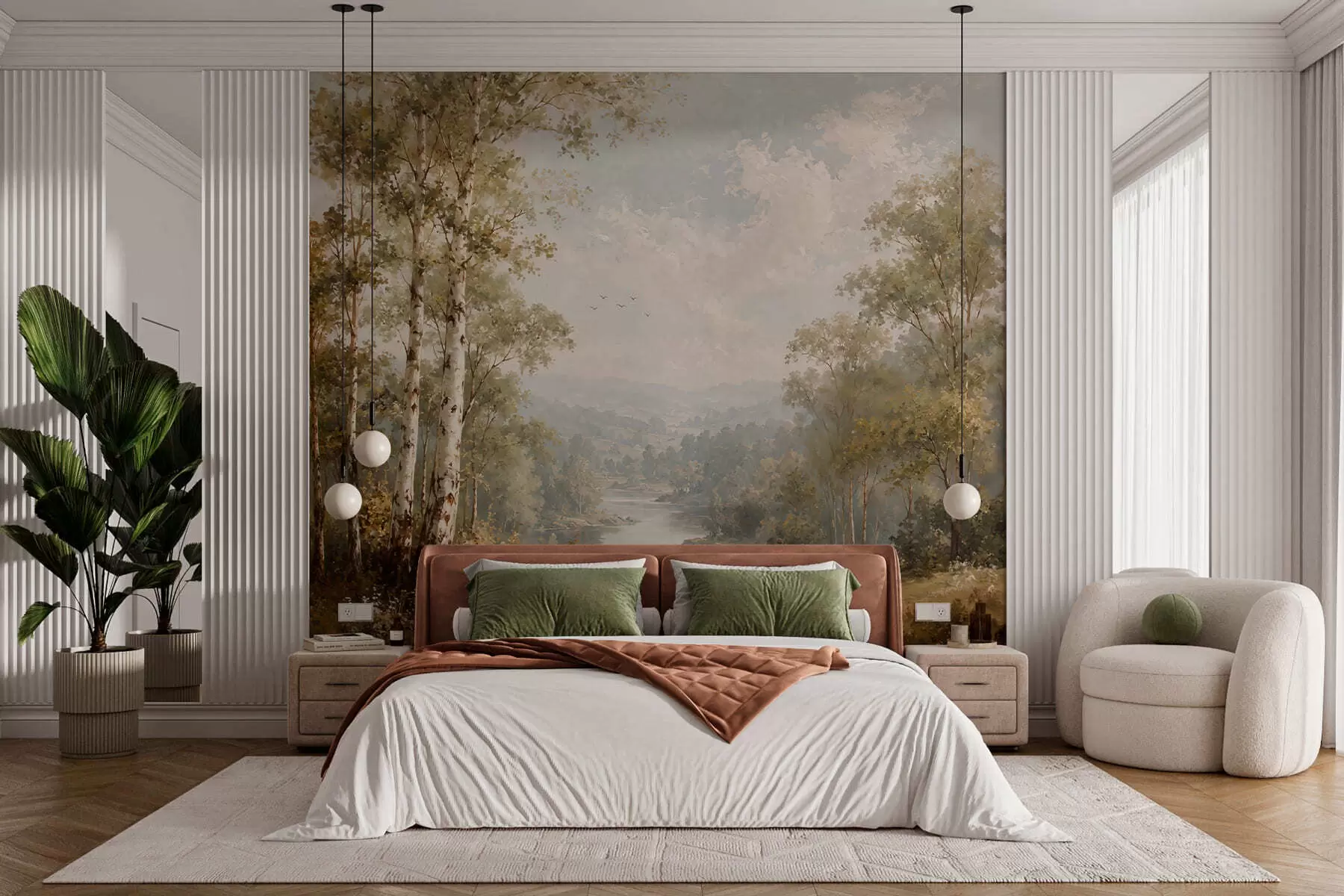 wall murals Bright river landscape with birch trees and clouds w05685