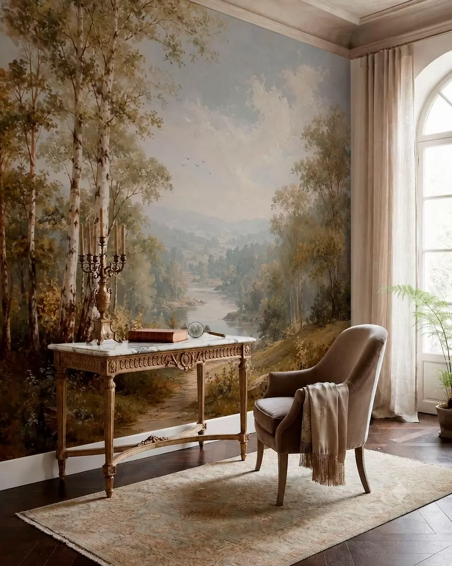 wall murals Bright river landscape with birch trees and clouds w05685