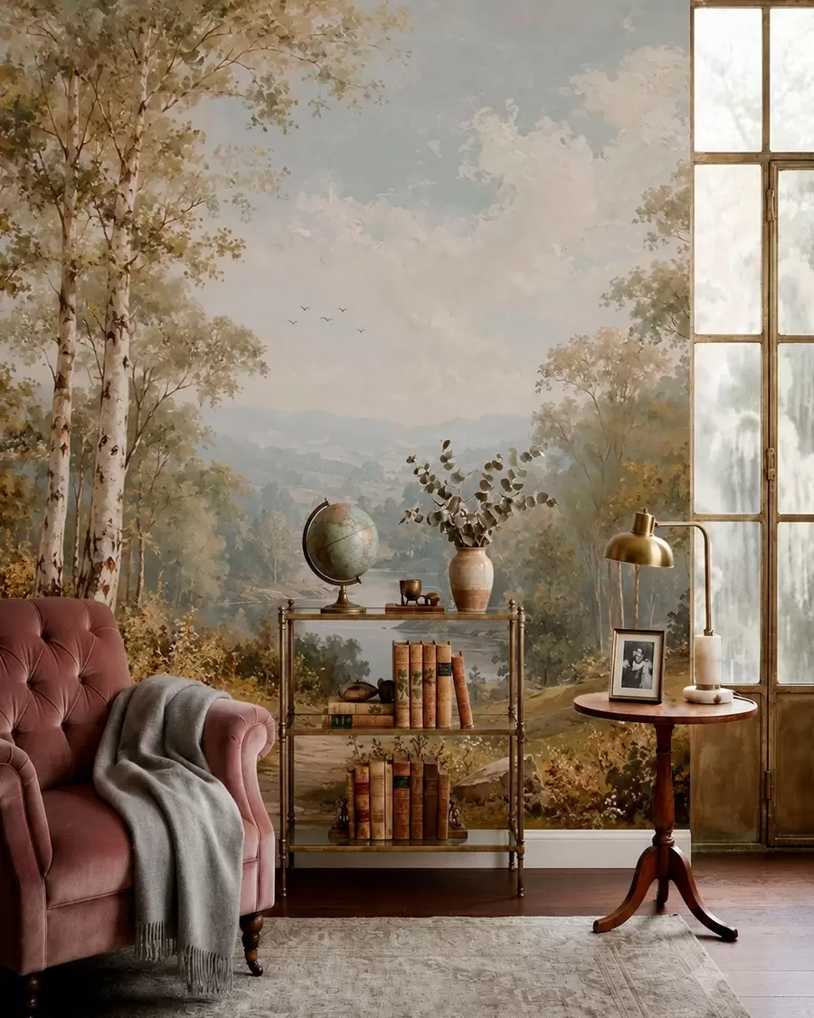 wall murals Bright river landscape with birch trees and clouds w05685
