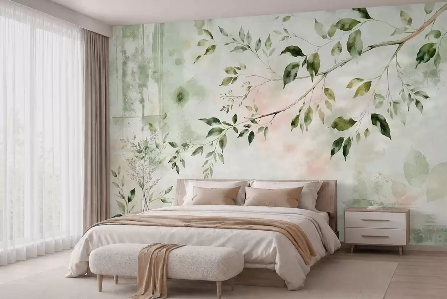 wall murals Watercolor leafy branch on a light background w05688