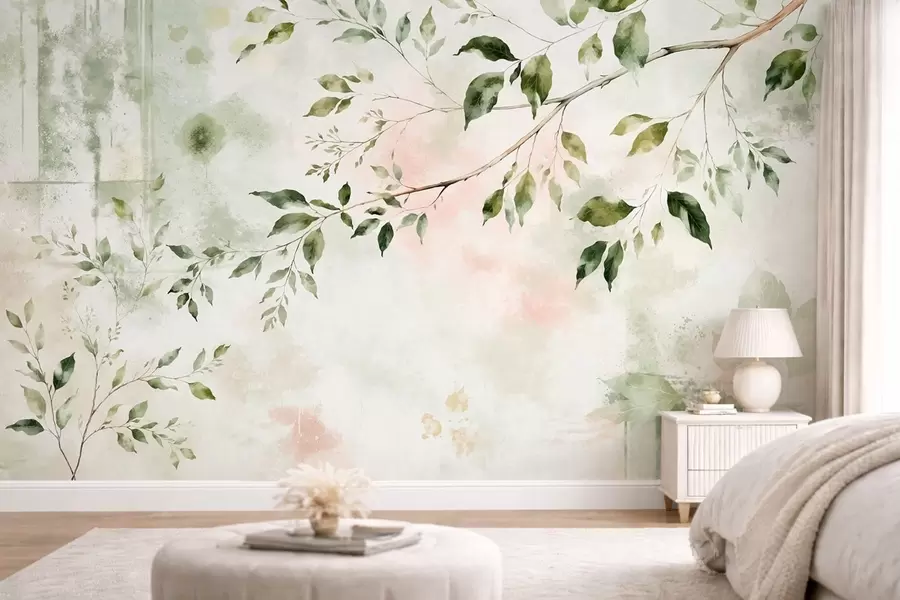 wall murals Watercolor leafy branch on a light background w05688