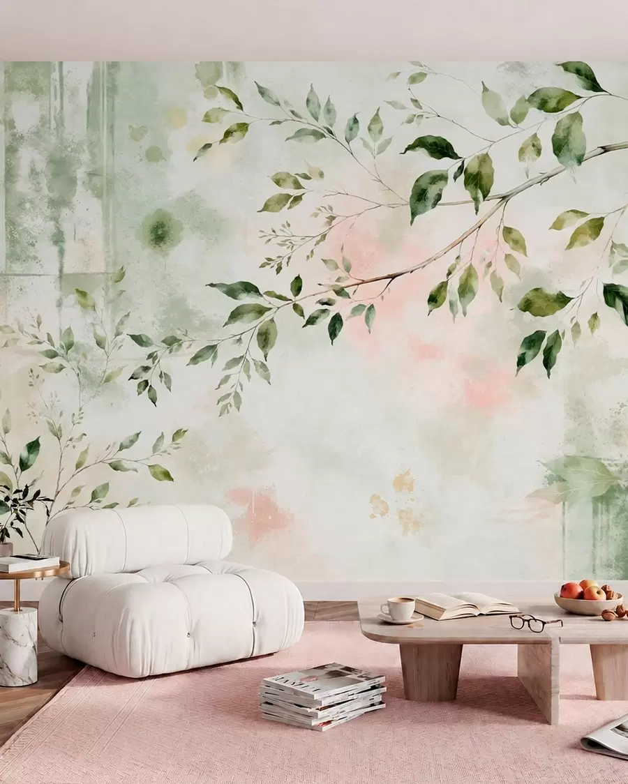 wall murals Watercolor leafy branch on a light background w05688
