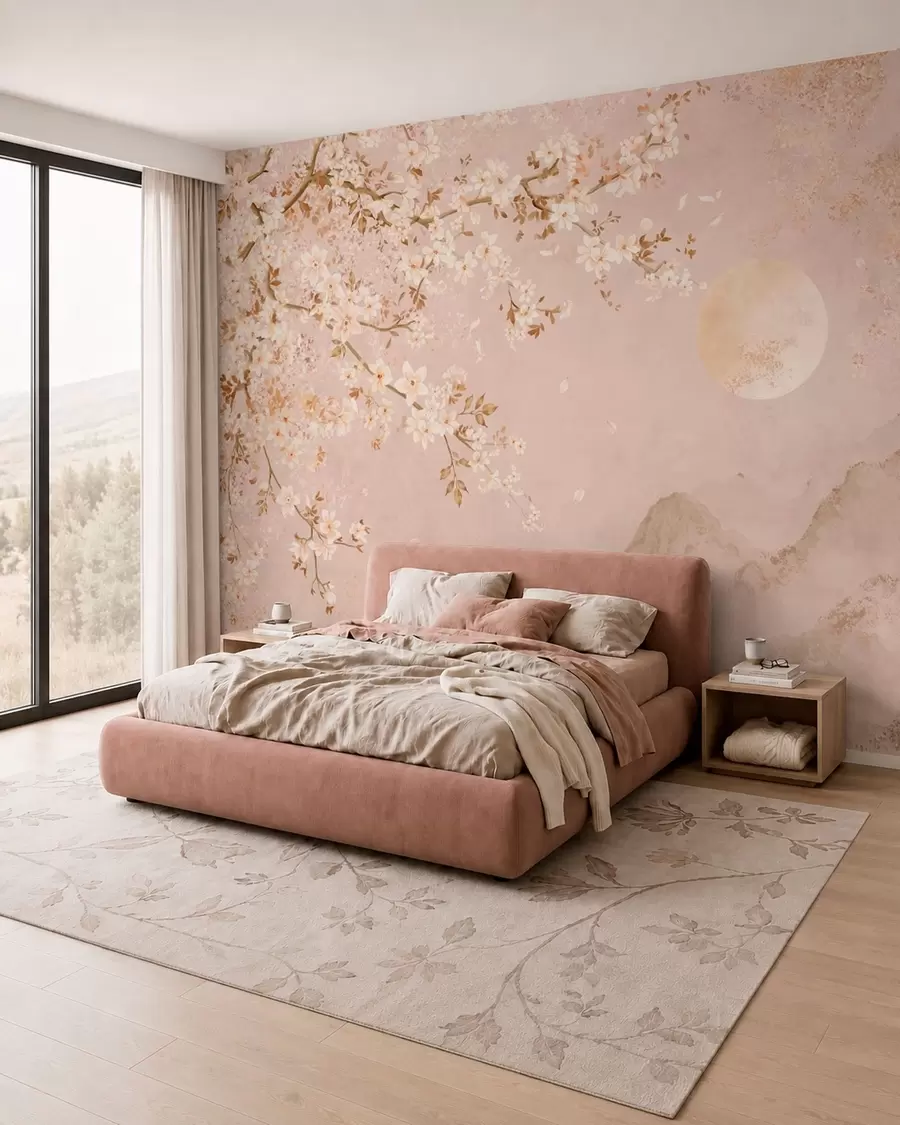 wall murals Light flowering branch above misty mountains and sun w05695