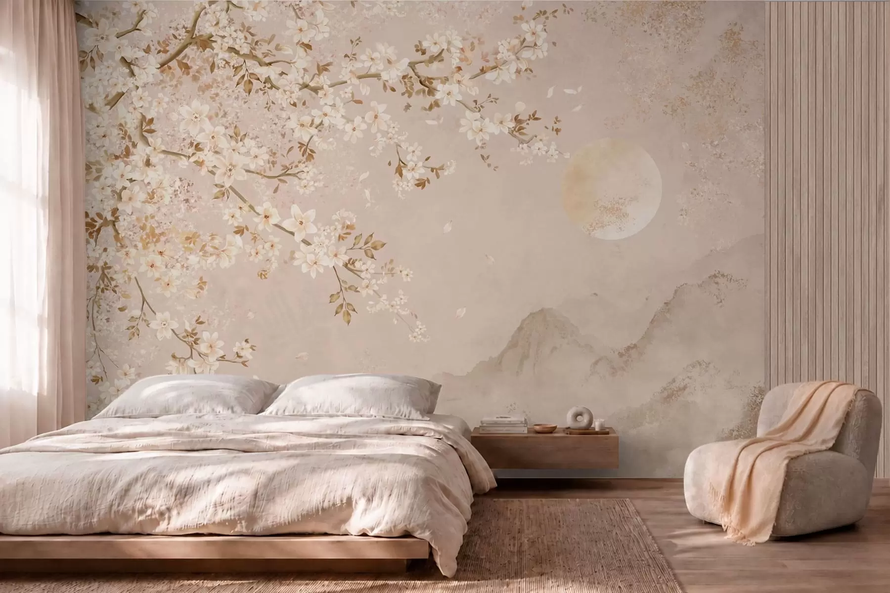 wall murals Light flowering branch above misty mountains and sun w05695