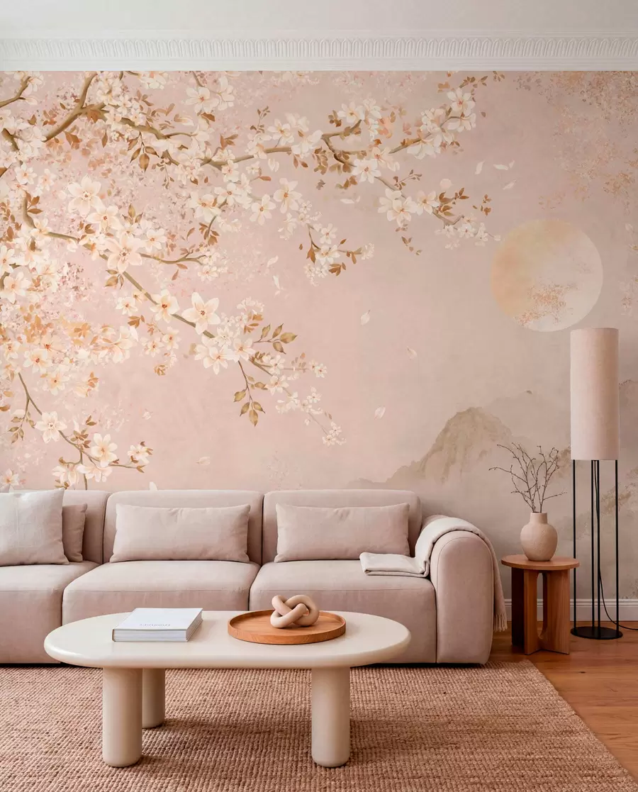 wall murals Light flowering branch above misty mountains and sun w05695