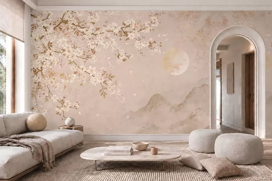 wall murals Light flowering branch above misty mountains and sun w05695