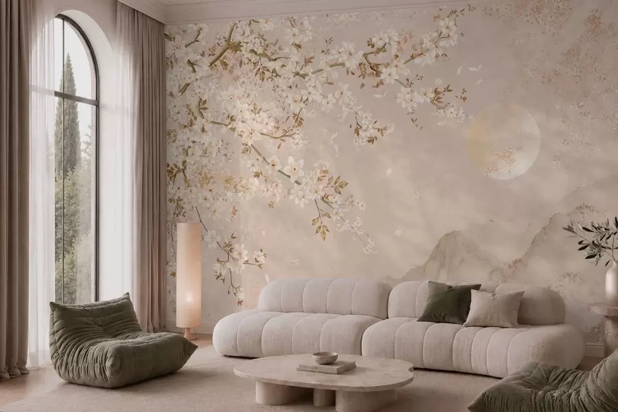 wall murals Light flowering branch above misty mountains and sun w05695