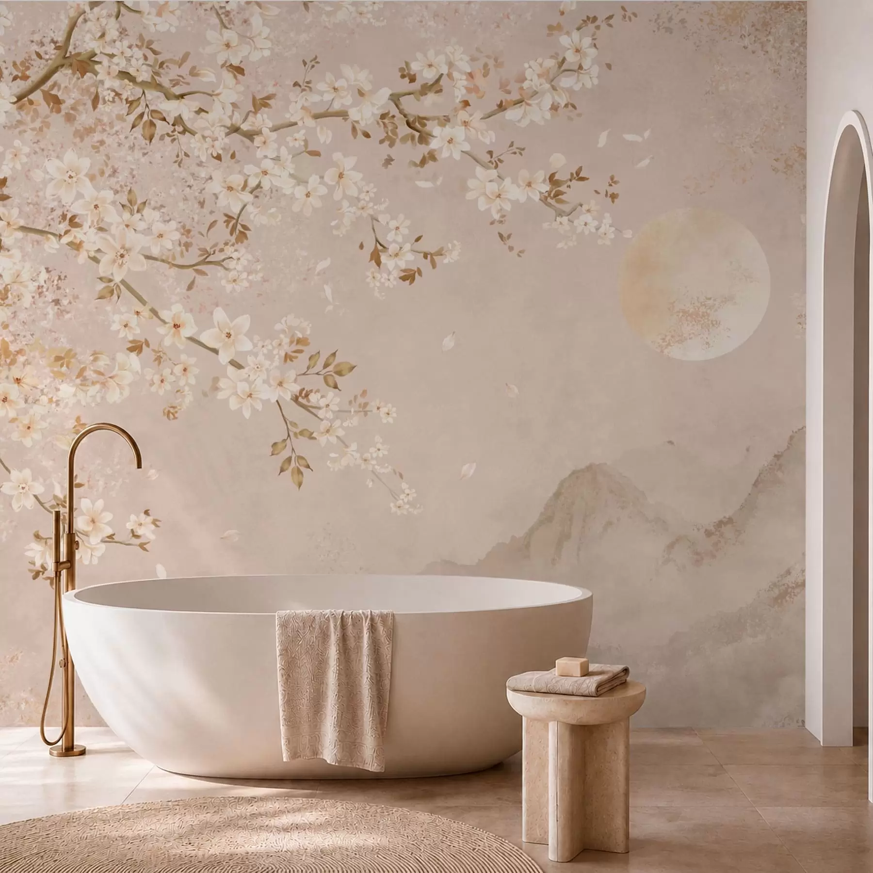 wall murals Light flowering branch above misty mountains and sun w05695