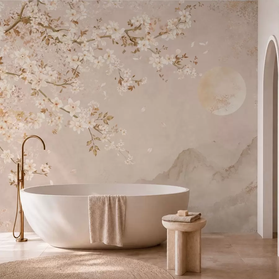 wall murals Light flowering branch above misty mountains and sun w05695