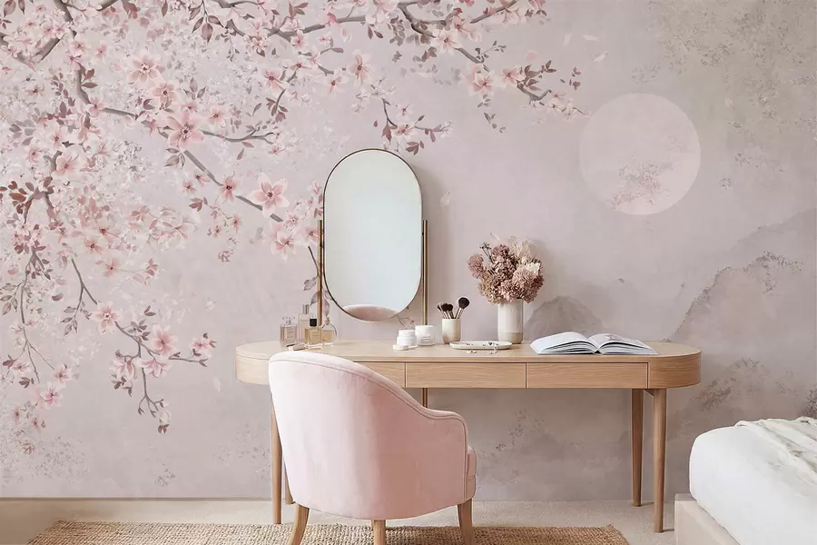 wall murals Pink blossoms on a branch above a soft mountain scene w05695v1